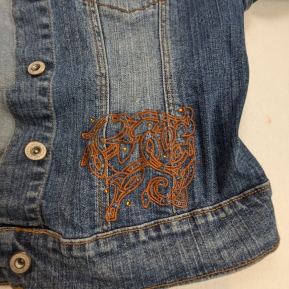 Funky Cool Original Repurposed Blue Jean Jacket With Bling Cross on Back 2X - Picture 5 of 9